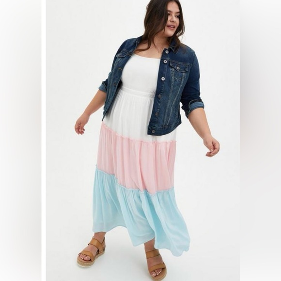 TORRID White/Pink/Blue Multi Colorblock Challis Tiered Maxi Dress Size 0 - Picture 2 of 11